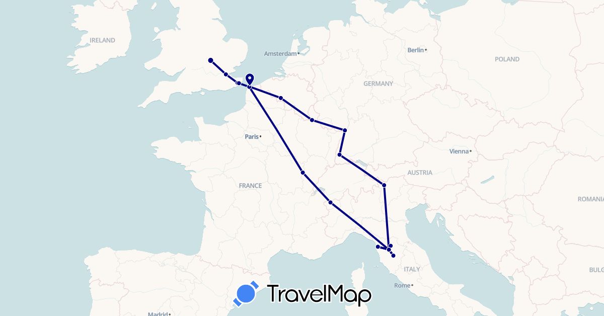 TravelMap itinerary: driving in Belgium, Germany, France, United Kingdom, Italy, Luxembourg (Europe)